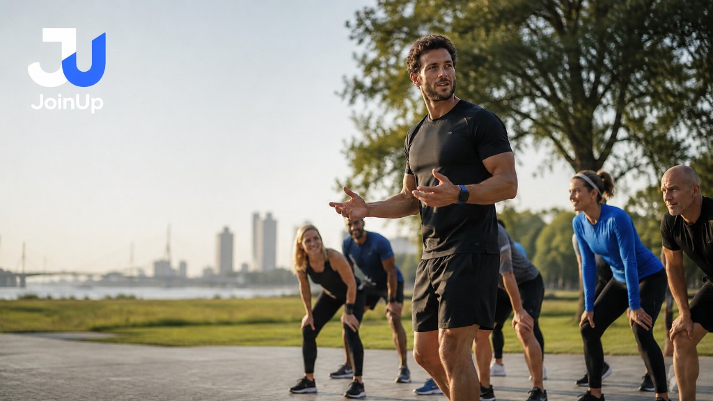 Hero — instructeur met groep in het park, breed liggend beeld